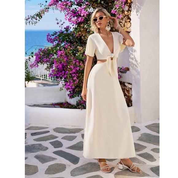 Tie Front Cut Out High Slit Beige Maxi Dress Boho - Picture 5 of 12